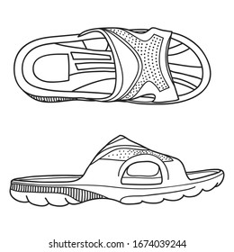 Pair of flip flops, summer time vacation attribute, slippers, shoes, sketch style vector black and white illustration isolated on white background. Hand drawn flip flops, sandals, symbol of summer. 