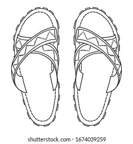 Pair of flip flops, summer time vacation attribute, slippers, shoes, sketch style vector black and white illustration isolated on white background. Hand drawn flip flops, sandals, symbol of summer. 