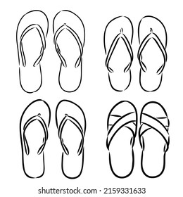 Pair of flip flops, summer time vacation attribute, slippers, shoes, sketch style vector black and white illustration isolated on white background. Hand drawn flip flops, sandals, symbol of summer