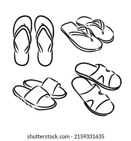Pair of flip flops, summer time vacation attribute, slippers, shoes, sketch style vector black and white illustration isolated on white background. Hand drawn flip flops, sandals, symbol of summer