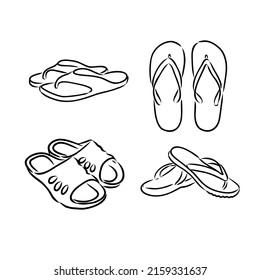 Pair of flip flops, summer time vacation attribute, slippers, shoes, sketch style vector black and white illustration isolated on white background. Hand drawn flip flops, sandals, symbol of summer