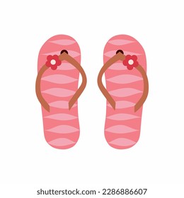 Pair of flip flops, summer time vacation attribute, slippers with flower. Pink and red colors isolated on white.