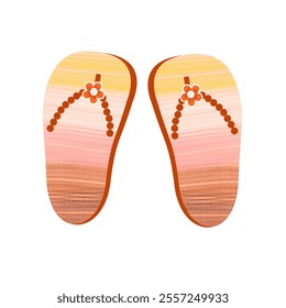 a pair of flip flops with a wooden bead isolated on white, with colourful summer holiday design