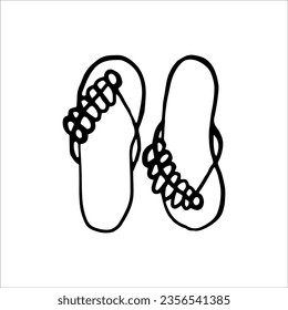 A pair of flip-flops is a hand-drawn sketch. Beach summer women's shoes. Black and white vector illustration.