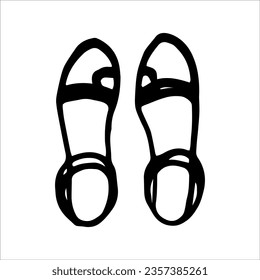 A pair of flip-flops is a hand-drawn sketch. Beach summer women's shoes. Black and white vector illustration.