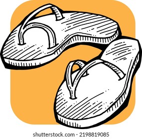 Pair flipflops for hot summer seashore and relax on the hot beach sand. Comfortable outdoor sandal shoes for holiday. Hand drawn retro vintage monochrome vector illustration. Old style comics drawing.