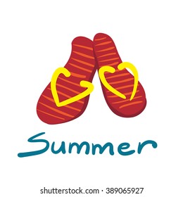 Pair of flip-flops isolated on white background. Red flip flops with yellow elements on a white background. Beach sneakers. Vector flat illustration. 