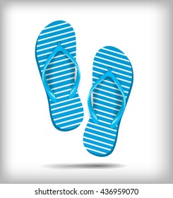 A pair of flip-flops isolated on a white background. Vector illustration. Blue white stripe, shoes for summer