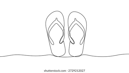 Flip-Flops im one-line Art Stil. Zeichnung von Sommerschuhen mit bearbeitbarem schwarzem Strich auf weißem Hintergrund. Vektorgrafik.