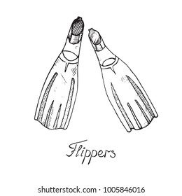 Pair of flippers, hand drawn doodle sketch with inscription, isolated vector outline illustration