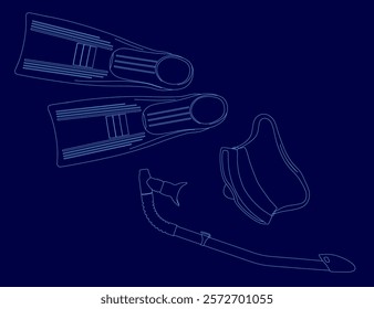 Pair of flippers and a snorkel are shown in a blue background. Concept of adventure and excitement, as these items are commonly used for water sports and exploration