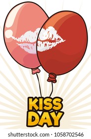 Pair of floating balloons with lips marks close enough that seem to be kissing each other join in a sign to celebrate Kiss Day.