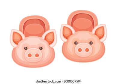 Pair of fluffy pig slippers, soft comfortable textile footwear for home cartoon vector illustration