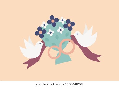 Pair of flying doves or birds carrying elegant bridal bouquet or bunch of flowers decorated by rings and ribbon. Fancy decoration for wedding celebration. Flat cartoon colorful vector illustration.