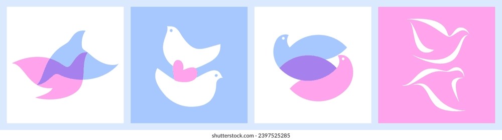 Pair of flying doves in love. Elegant vector logo mark template or icon of two lovely birds with spread wings