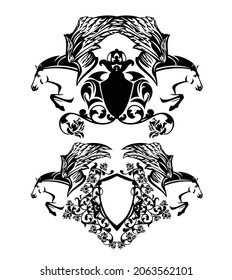 pair of flying pegasus horses with heraldry shield among rose flowers - black and white animals with heraldic vector design elements