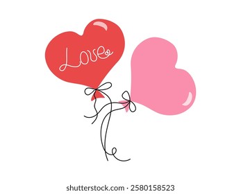 Pair of flying red heart-shaped balloons. Lettering, word Love. Festive design of postcard for wedding, birthday, Valentine's Day. Vector illustration.
