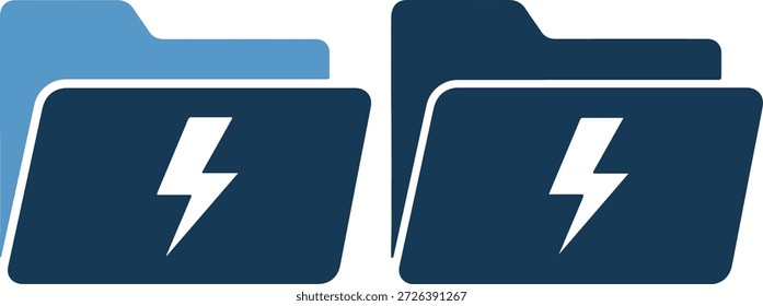Um par de ícones de pasta com raios sobre eles, um parcialmente atrás do outro, em tons de azul em um fundo branco puro