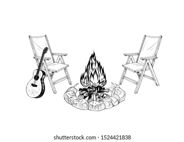 A pair of folding chairs, a guitar and a bonfire. Vector vintage illustration. Campfire Songs. 