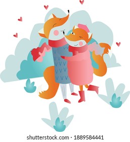 A pair of foxes hugging in winter with great affection. Cute fox. Vector illustration.