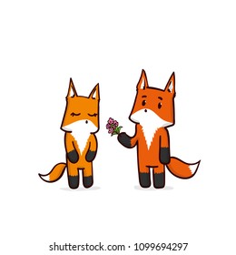 A pair of foxes in love. Fox gives his girlfriend flowers. Hand drawn cartoon vector illustration.