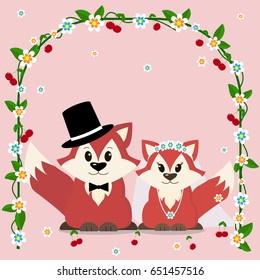 A pair of foxes sits under the wedding arch./Illustration of a fox marry in a cartoon style.