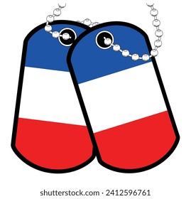 A pair of French military dog tags with chain over a white background showing the France national flag