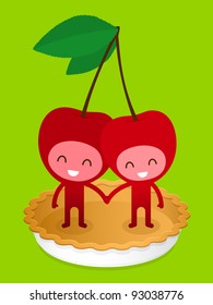 A pair of friendly fruit, cherry, standing on a baked pie crust holding hands, illustration cartoon characters.