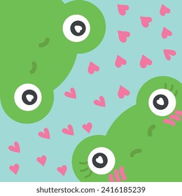 A pair of frogs fall in love. Adorable frogs with hearts on blue background. Cartoon frogs in love pattern. Baby clothes. Love concept. Valentine's Day. kawaii