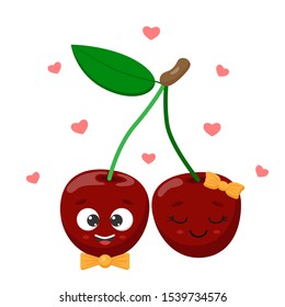 A pair of fruit, cherry in love, illustration cartoon characters Valentine's day. Vector illustration on white background