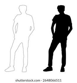 A pair of full-length male figures, one black silhouette and one white outline, standing with hands in pockets, isolated on a white background.