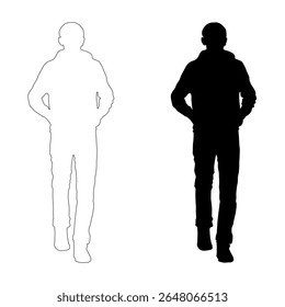 A pair of full-length male figures, one black silhouette and one white outline, standing with hands in pockets, isolated on a white background.