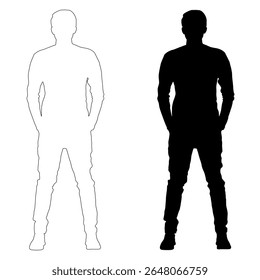 A pair of full-length male figures, one black silhouette and one white outline, standing with hands in pockets, isolated on a white background. vector illustration.