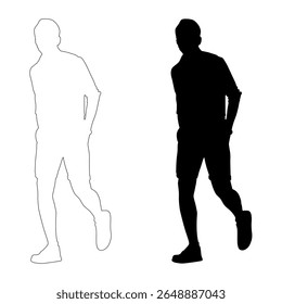 A pair of full-length male figures, one black silhouette and one white outline, standing with hands in pockets, isolated on a white background.
