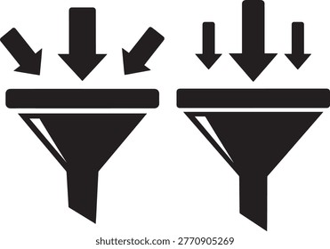 Pair of funnel vector silhouette icons showing material transfer. Filtering process design.