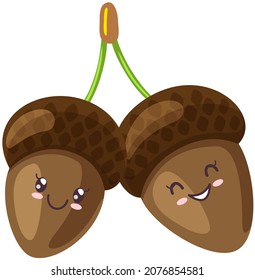 Pair of funny acorns icon kawaii concept over white background. Cheerful cartoon funny cute smiling faces with positive emotions, oak fruit. Japanese culture symbol anime, innocence, childishness