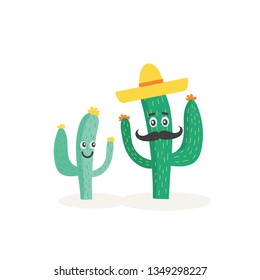 A pair of funny cartoon cacti. Cactus character in mexican hat with mustache. Cute illustration isolated on white background. Postcard element, sticker, doodle.