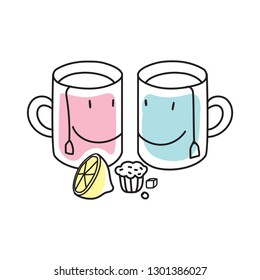 A pair of funny cups with tea on a white background. Half lemon, muffin and sugar in the foreground. Picture for valentine's day card.