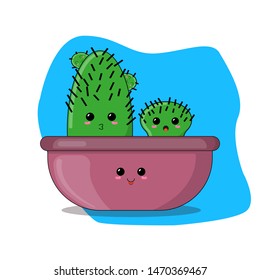 Pair of funny green cactuses in a pot isolated on white background. Fun cartoonish houseplants. Kawaii style vector illustration. Cute comic emoticons