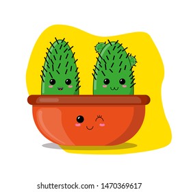Pair of funny green cactuses in a pot isolated on white background. Fun cartoonish houseplants. Kawaii style vector illustration. Cute comic emoticons