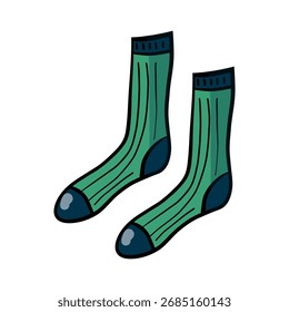 Par de calcetines verdes divertidos en estilo doodle. Ilustración dibujada a mano. Elemento de diseño aislado sobre fondo blanco
