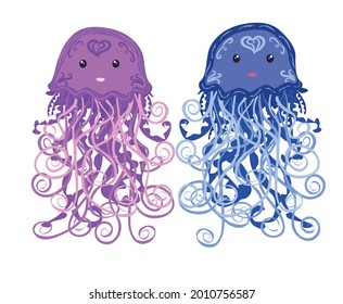 Pair of funny jellyfish hand drawn. Cute marine life, Scandinavian style, detailed.