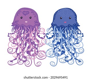 Pair of funny jellyfish hand drawn. Cute marine life, Scandinavian style, detailed.
