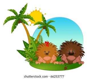 Pair of funny little wild animal sits on a background with palms