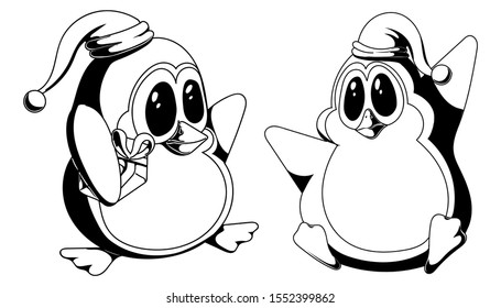 A pair of funny penguins, one came to the other with a Christmas gift in black and white style