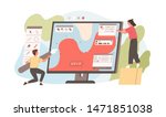 Pair of funny young man and woman drawing with pen in graphic editor. Cute digital designers or illustrators working together on giant computer display. Flat cartoon colorful vector illustration.