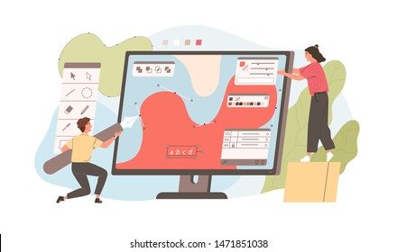 Pair of funny young man and woman drawing with pen in graphic editor. Cute digital designers or illustrators working together on giant computer display. Flat cartoon colorful vector illustration.