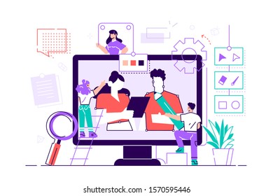 Pair of funny young man and woman drawing with pen in graphic editor. Cute digital designers or illustrators working together on giant computer display. Flat style cartoon colorful vector illustration