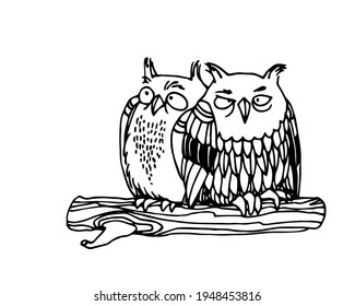a pair of funny young owls sitting on a branch, night birds, vector illustration with black ink contour lines isolated on a white background in doodle and hand drawn style