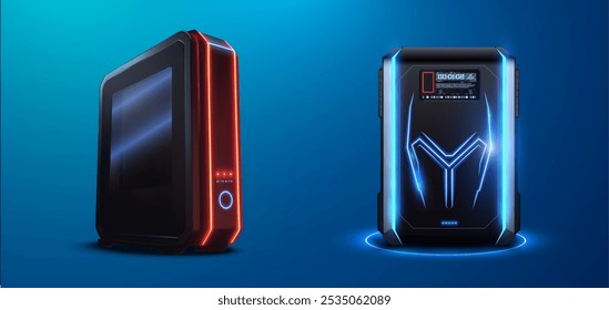 Par de torres de ordenador 3D futuristas con diseños elegantes. Una torre presenta luces de neón rojas y un panel frontal audaz y minimalista, mientras que otras exhiben intrincadas líneas de neón azul. Ilustración vectorial